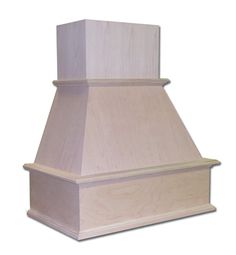 a wooden stove hood with a light wood finish on the top and bottom part,