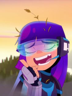 a cartoon character wearing goggles and holding a cell phone up to her ear with trees in the background