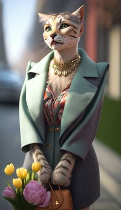 a cat in a dress and coat holding a purse with flowers on the side walk