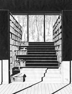 a black and white drawing of stairs leading up to a bookshelf