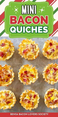 mini bacon quiches on a baking sheet with text overlay that reads mini bacon quiches