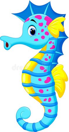 a cartoon seahorse with blue and yellow stripes on it's body, standing upright