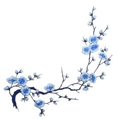 a branch with blue flowers on it against a white background