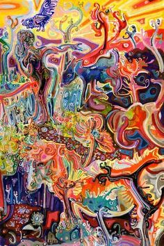 an abstract painting with many colors and shapes