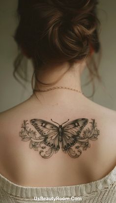 Detailed butterfly back tattoo with elegant wings and fine details, ideal for girls seeking a stylish and unique design in 2024. Small Back Tattoo Ideas, Back Tattoo Ideas, Small Back Tattoos, Back Of Neck Tattoo, Small Girl Tattoos, Delicate Tattoo, Small Words, Decorative Elements, Neck Tattoo