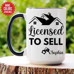 a black and white coffee mug that says license to sell sophiia on it