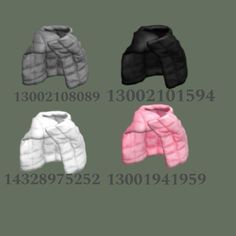 four different colors of winter coats with the same color and size, all in various sizes