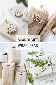 four different pictures with presents wrapped in brown paper