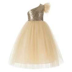 The elegant bodice feature is made of sparkling sequins. The ruffled tulle sleeve decorated with luxurious ostrich feathers to make this dress more elegant. The skirt has 6 layers, top 3 layers are made of tulle, 4th is a layer of soft satin, 5th layer is a netting attached to the 6th layer for additional fullness, the 6th layer is a satin lining to bring comfort to your little girl while wearing the dress. Perfect for princess party, wedding, holiday, theme party, ceremony, bithday, stage perfo Flower Girl Rose Gold Dress, Gold Flower Girl, Gold Flower Girls Dresses, Junior Pageant Dresses, Kids Gold Dresses, Gold Princess Dress Kid, Chiffon Flower Girl Dress, Girls Sequin Dress, Girls Bridesmaid Dresses