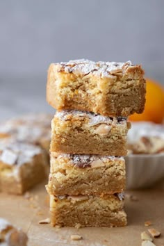 three pieces of cake stacked on top of each other