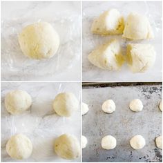 four images show dough being made and then placed on a sheet of plastic wrapper