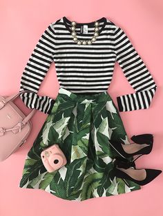 Fujifilm Instax Mini 8 Camera pink, Palm print custom skirt, striped sweater Mixing Patterns Fashion, Pattern Mixing Outfits, Mixing Prints Fashion, Olive Jeans, Stylish Petite, Palm Print, Fujifilm Instax, Print Skirt, Pattern Mixing