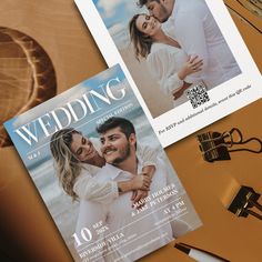 two wedding photos on top of a magazine