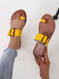 Yellow Fashionable Collar Plain Thong Sandals Embellished Women Shoes Beach T-strap Sandals With Buckle, Single Toe Strap Sandals For Beach Season, Beach Toe Ring T-strap Sandals With Buckle Closure, Beach Toe Ring Sandals With Buckle Closure, Vacation Toe Loop T-strap Sandals In Synthetic Material, Vacation Toe Loop T-strap Sandals In Synthetic, Vacation Synthetic Toe Loop T-strap Sandals, Synthetic Toe Loop T-strap Sandals For Beach, Vacation Toe Loop T-strap Sandals