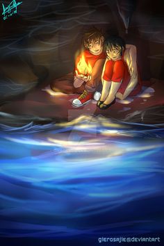 two people sitting in the water next to each other with a lit candle on their lap