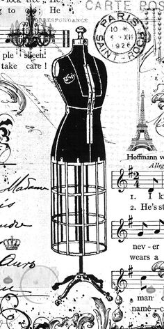 a drawing of a dress form with musical notes around it and the eiffel tower in the background