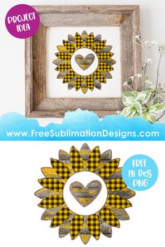 the paper sunflower is hanging in front of a wooden frame and has a heart on it