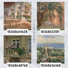 four paintings of flowers and trees in front of a building with the numbers on it