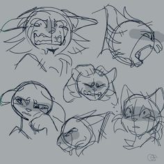 some drawings of cats with different expressions on their face and head, all in various poses