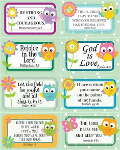 four colorful labels with owls and flowers on them, one says god is for all things new