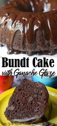 a bundt cake with ganache glaze is on a yellow plate next to the bundt cake