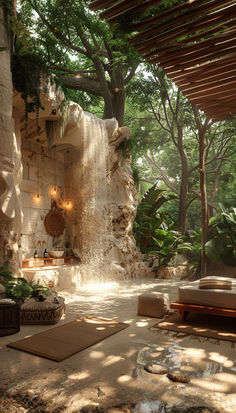 a living room with a waterfall in the middle and lots of plants on the floor