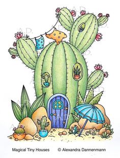 a drawing of a cactus house in the desert with an umbrella and other items around it