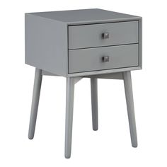 a grey nightstand with two drawers on one side and an open drawer on the other