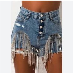 Rhinestone Tassel Summer Women’s Blue Jean Short Sz M High Waist With Button Party Denim Bottoms With Fringe, Trendy Party Bottoms With Rhinestone Fringe, Blue Rhinestone Bottoms For Summer, Summer Blue Rhinestone Bottoms, Summer Blue Bottoms With Rhinestones, Summer Blue Rhinestoned Bottoms, Rhinestone Fringe, Womens Summer Shorts, Denim Inspiration