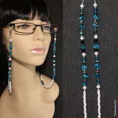 This eyeglass chain is an excellent way to make sure reading glasses never get misplaced or forgotten again! Classy and sophisticated, great for wearing around the office. Our beaded eyeglass lanyard also makes a beautiful and thoughtful gift for any occasion. Rubber loops adjust to fit most glasses frames.   🦉Product Details:  * Approx. Length - 30 in (including rubber loops) * Chain Weight: 1.3 oz * Bead Color(s): Blue, White, Black * Metal Color: Silver-tone * Material: Czech and Glass Beads * Closure: Lobster Claw Clasps and Rubber Loop Ends * Product ID: G231 🎁 Gift packaging available at Checkout ($4.00 USD) - See last image   🦉NOTES: * Not recommended for young children! * The lobster clasps make replacement of the rubber loops easy if they break. * All measurements and weights a Blue Beaded Glass Glasses Chains, Elegant Adjustable Blue Glasses Chains, Elegant Blue Adjustable Glasses Chains, Trendy Blue Glasses Chains As Gift, Elegant Adjustable Glasses Chains With Round Beads, Elegant Adjustable Round Beads Glasses Chains, Elegant Glasses Chains With Round Beads, Elegant Blue Glass Glasses Chains, Elegant Glasses Chains With Single Strand Round Beads