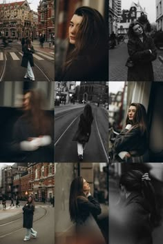 black and white photo collage with woman walking down the street in front of buildings