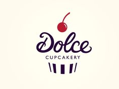 a logo for dolce cupcakery with a cherry on top and the word dolce written in cursive writing