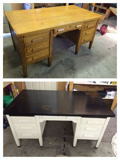 before and after photos of an old desk in the process of being refinished