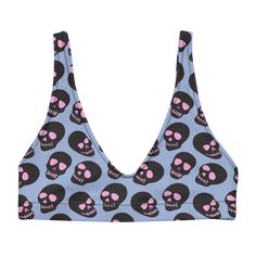 Sport bikini top featuring a punk pattern of neon black and pink skulls on a light blue background Neon Skull, Neon Black, Gothic Elegance, Sport Bikinis, Pink Skull, Light Blue Background, Recycled Polyester Fabric, Boxy Tee, Summer Swim Suits