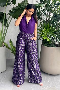 Buy Purple Silk Woven Floral Spread Collar Shirt And Brocade Pant For Women by Sobariko Online at Aza Fashions. Brocade Coordset, Brocade Pants, Lavender Outfit, Trendy Outfits Indian, Diwali Outfits, Bengali Bride