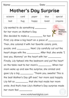 mother's day surprise worksheet for kids to practice their feelings and feelings