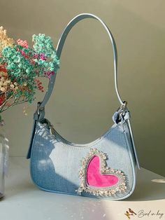 BirdinBag - Y2K Style Canvas Diamond Heart-Shaped Shoulder Bag - Perfect for Girls Party Attire Crescent Bag, Party Attire, Word Wrap, Elegant Party, Girls Party, Y2k Style, Diamond Heart, Bag Straps, Blue Fabric