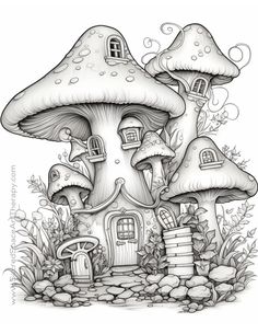 an ink drawing of mushrooms and houses