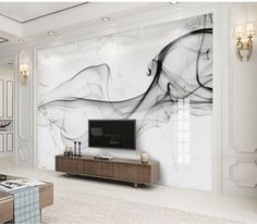 an elegant living room with white walls and marble wallpaper, along with a large tv