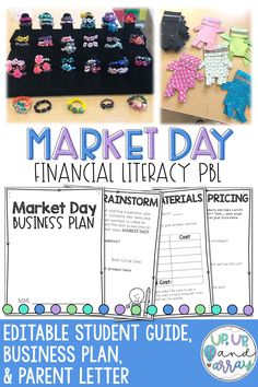 the market day financial literacy plan is shown with pictures of business items and text on it