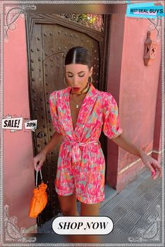 Women's Summer Deep V-neck Puff Sleeve Short-sleeved Printed Belt Elastic Waist Jumpsuit Summer Puff Sleeve Jumpsuits And Rompers For Brunch, Short Sleeve Jumpsuits And Rompers For Brunch, Chic Multicolor Short Sleeve Jumpsuits And Rompers, Trendy Pink Jumpsuits And Rompers For Brunch, Long Sleeve Playsuit, Designer Jumpsuits, Color Pick, Online Clothing Stores, Model Photos