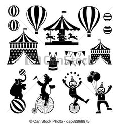 black and white circus silhouettes with balloons, clowns and other things in the background