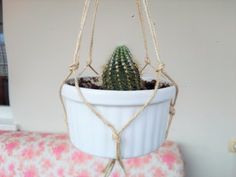 a potted plant hanging from a rope in a white bowl on a pink pillow