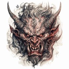 a drawing of a demon with large horns