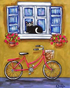 a painting of a cat sitting on the window sill next to a red bicycle