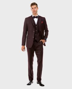 Make a dapper impression in this stylish three-piece suit! Expertly tailored from luxurious burgundy tweed fabric, this vintage-inspired suit includes a notch lapel jacket with two buttons, coordinating trousers, and a vest. Perfect for any formal occasion, this suit will have you looking knowledgeable and polished. Features: Pants, vest and a jacket with this suit The jacket comes with a 2 button closure and notch lapel The pants are Flat Front The vest has 5 buttons Formal Tweed Three-piece Suit With Notch Lapel, Formal Three-piece Tweed Suit With Notch Lapel, Dapper Tailored Three-piece Suit With Notch Lapel, Dapper Single-breasted Three-piece Suit, Tweed Three-piece Suit With Notch Lapel For Business, Formal Single Breasted Tweed Three-piece Suit, Formal Three-piece Single Breasted Tweed Suit, Formal Single-breasted Tweed Three-piece Suit, Semi-formal Burgundy Suit For Fall