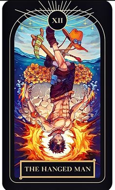 the hanged man tarot card with an image of a person on fire and water