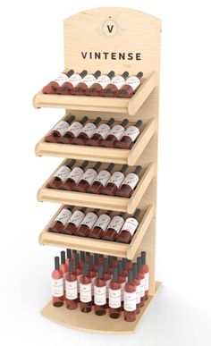 a wooden display case filled with bottles of wine