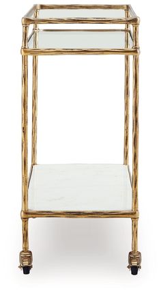 a gold metal and glass side table with two shelves on each side, one shelf has a marble top