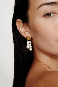 Drop earring with a gold coin and freshwater white pearls. 18k gold plated sterling silver, white freshwater pearls, mother of pearl. 2" drop. Handmade in Vietnam. White Pearl Earring, Mix Style, Gold Coin, White Freshwater Pearl, Earrings White, Drop Earring, Pearl Size, Gold Coins, White Pearl